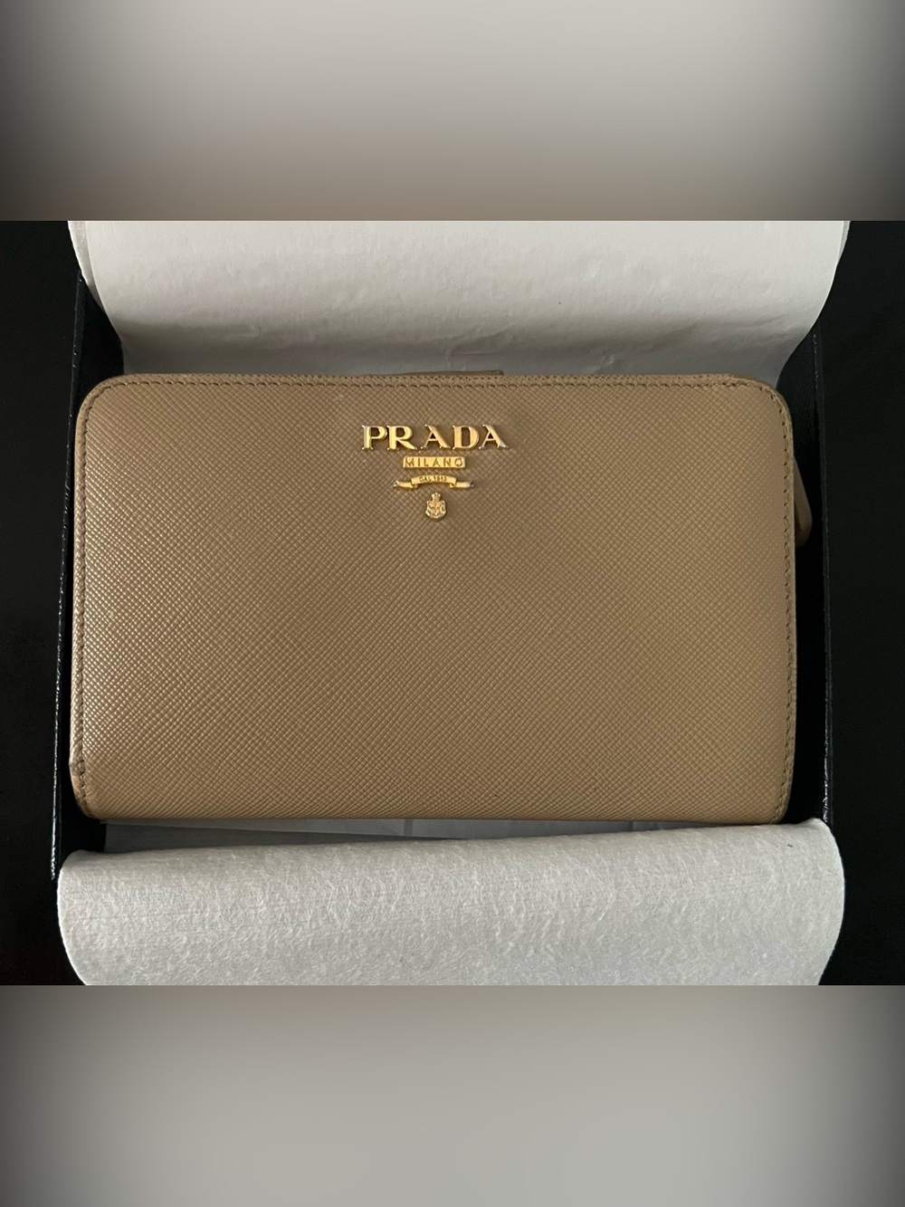 Prada Saffiano Leather Women’s Wallet - Taupe with Gold Logo